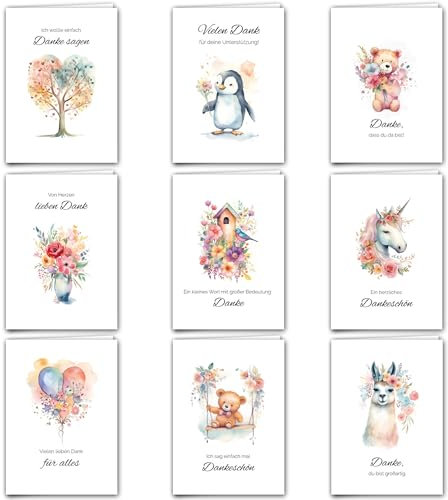 Dankeskarten Set DIN A6 mit Umschlägen – 9 Hochwertige Glückwunschkarten mit Designs & Sprüchen – Klappkarten Perfekt für Freunde, Familie & Kollegen