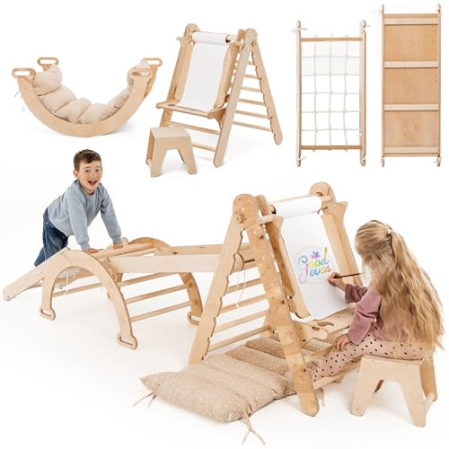 Marco de escalada de interior 6 en 1 para niños, triángulo de madera, arco, escalada, rampa, red y cojín para niños, 1-7 años