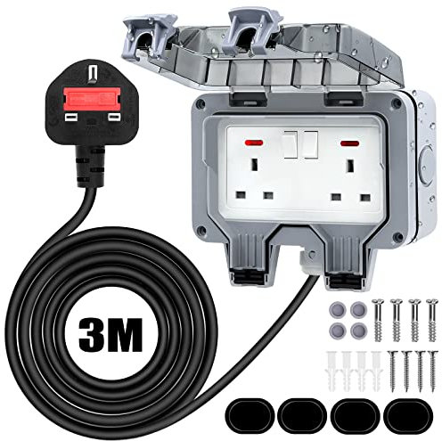 Weatherproof Outdoor Socket Waterproof Double Socket 3M Cable Extension Lead IP66 Switched Wall Electrical Outlet 13 Amp 2 Gang Power Socket, Garden Outside Plug Sockets Cover Box