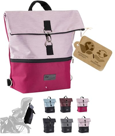 BambiniWelt by Rafael K. Cykelväska [ryggsäck för barncykelsäten] universell kompatibel med Romer, cykelsits Jockey för cykelturer med barn, cykelryggsäck, Rosa-rosa, 20 Liter, cykelryggsäck för barn