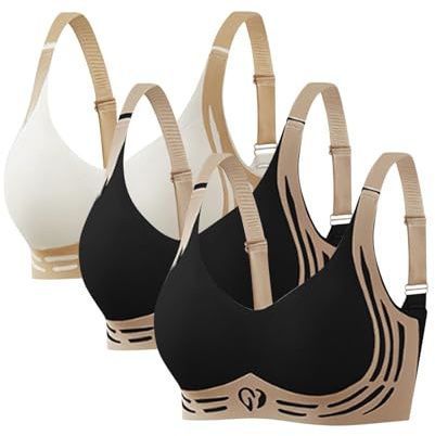 No Wire Bras for Women UK Bra Tops for Women UK Plus Size 3 Pack Super Firming Lifting Bras for Sagging Breasts Super Gather Wire-Free Push-Up Bra Non Wired Seamless Sports Bralettes Beige+Black*2 L