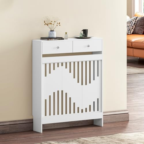 Luxstein Radiator Cover with Drawers, White Wooden Radiator Shelf Pipe Covers Cabinet with Wavy Grill for Living Room Bedroom Hallway, 78Lx19Wx95Hcm