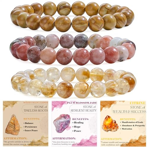 Bivei 3-teiliges 6 mm Perlenarmband Damen – Holzmaserungs-Jaspis, Pflaumenblütenjade, Citrin – Handgefertigter Naturstein Heilsteine Edelstein Perlen Armband, Yoga, Meditation, Schutz Geschenk