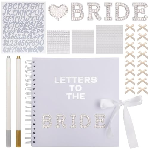 Hugestar Kit Album di Ritagli 506 PCS Lettere alla Sposa, 25,4 x 25,4 cm 30 Pagine Libro dei Ricordi di Nozze, Album Fotografico con Carta Bianca, Libro degli Ospiti con Adesivi di Perle, Fiocchi