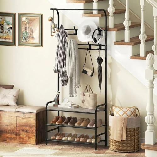 JOLLYTOP Garderobenständer, Garderobe Mit Schuhablage | Industrieller Garderobenregal Mit 8 Abnehmbaren Haken, Kleiderständer Aus Metall, Für Flur, Schlafzimmer, Wohnzimmer