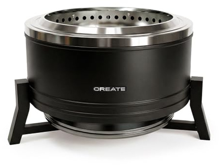 CREATE Fire Pit Round-Feuerschale, 12 kW, für den Außenbereich, rauchfreies Pellets, kompatibel mit Pellets und Holzteilen, unterer Aschenbecher, doppeltes Luftstromsystem, 12 kW