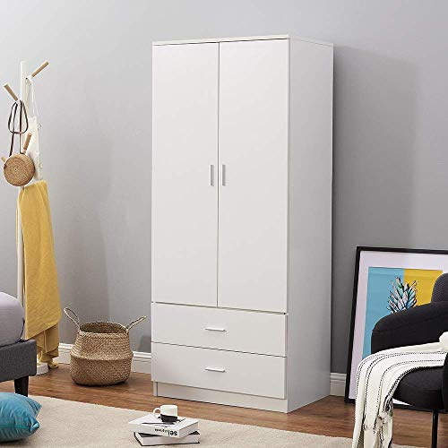 Panana 2 Door Wardrobe with 2 Drawers Clothes Storage Cupboard with Hanging Rail for Bedroom, 77 W x 50 D x 180 H cm (White)