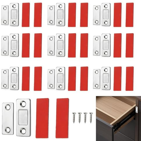 10 Piezas Imanes auto adhesivos para cierres de puertas, diseño plano y resistente, imanes invisibles para puertas de armarios, escritorios, adhesivo y tornillos, acero inoxidable anti corrosión