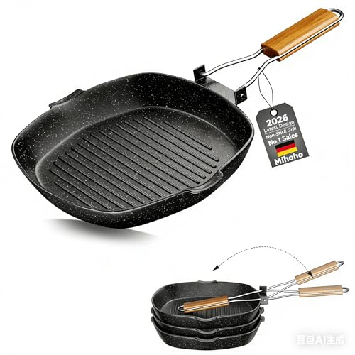 Mihoho Grillpfanne Induktion gerillt, 24 x 24 cm steinbeschichtet Antihaft-Pfanne Feuerpfanne, Pfanne Induktion und backofengeeignet, Steak Eckige (24 cm)