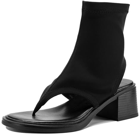 Botines Sandalias con Cremallera Mujer Punta Abierta Tacón Bloque Sandalias De Tiras Al Tobillo Punta Cuadrada Tejido Elástico Diseño Diario,LY,42 EU