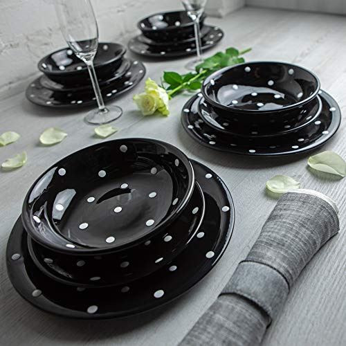 City to Cottage | Service à vaisselle pour quatre, douze pièces | noir à pois blancs en céramique fait et peint à la main | assiettes plates, assiettes à dessert, bol
