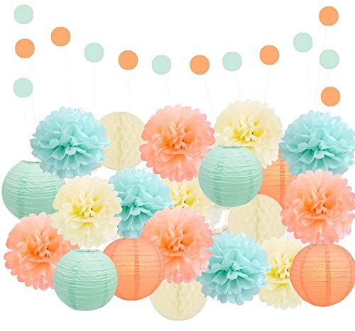 EpiqueOne 22-Piece Party Decoration Kit – Mint, Peach, Ivory Hanging Tissue Paper Pom Poms, Paper Lanterns, Honeycomb Balls, Garland – Birthday Party, Wedding, Baby Shower – Easy to Assemble, Pastels