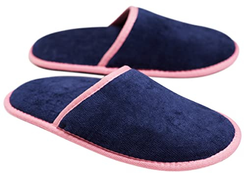 Sowel® Pantoufles de Douche,Chaussons Spa, Sans boutons en silicone, Femmes et Hommes, 100% Coton, Marine/Rosa
