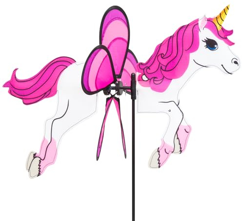 HQ Windspiel Spin Critter Unicorn Einhorn Windrad Gartendeko mit Standstab | Farbenfroh dreht schon bei leichtem Wind wetterfest UV-beständig langlebig für Garten Terrasse & Balkon Rad-Ø30cm, H63xT50cm