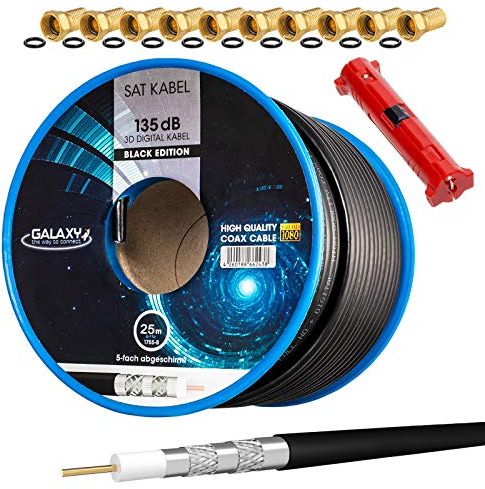 Câble SAT coaxial HB-Digital 25m 135db noir + 10x connecteur F plaqué or + 1x dénudeur Câble d'antenne satellite en cuivre en acier CCS blindé 5 voies pour systèmes radio DVB-S /S2/C/C2/T/T2 DAB +