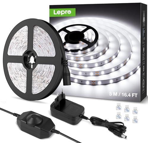 Lepro LED Strip Kaltweiß 5M, LED Streifen Kaltweiss 6000K Dimmbar, 300 LEDs, 12V Selbstklebend, IP20 LED Band, Weiß Flexible DIY Leiste, LED Lichtband Kette mit Netzteil für Innen Küche Dekoration