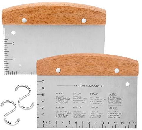 HaSteeL Metal Dough Scraper Set of 2, Stainless Steel Blade with Beech Wooden Handle, Heavy Duty, Precise Scales, Versatile for Cooking, Baking, Grilling