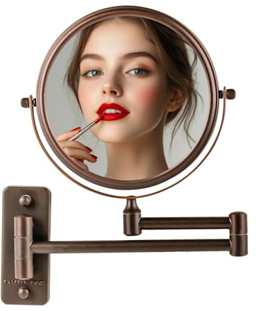OVENTE Specchio da trucco da parete da 17,8 cm, con ingrandimento a doppio lato 1X/7X, rotondo, per il bagno e la toletta, design girevole a 360°, braccio estensibile e pieghevole, bronzo anticato