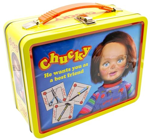 AQUARIUS Chucky Fun Box - Sturdy Tin Storage Box with Plastic Handle & Embossed Front Cover - Officially Licensed Child's Play Merchandise & Collectible Gift, Yellow, 8.63 x 3.88 x 6.75, Retro