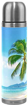 BKEOY Mug de voyage isotherme en acier inoxydable à double paroi anti-fuite Bouteille de vacances tropicales à la plage imprimée personnalisée en cuir véritable emballé 500 ml