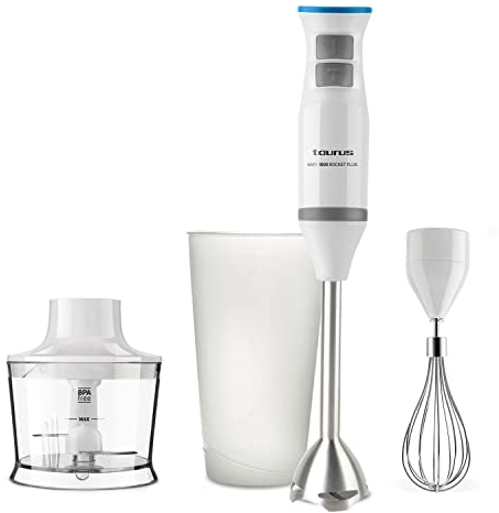 Taurus Bapi 1000 Rocket Plus Inox - Batidora de mano. Bate y pica. 1000W. Accesorios: vaso medidor, jarra‐picadora y emulsionador. Anti Salpicaduras. 20 velocidades y Turbo. Soft-touch. Inox