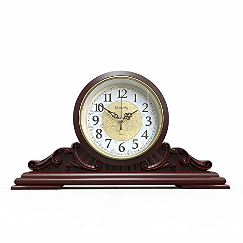 Beesealy Table Clock, Antique Desk Clock, Modern Quartz Movement-Continuous Scanning (Ultra-Quiet), Suitable for Mantel/Desktop, Living Room Decoration (Maroon)