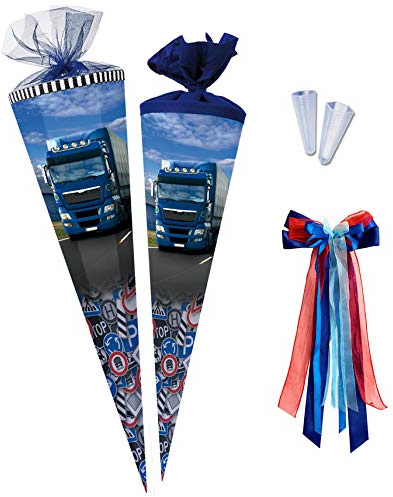 Nestler Schultüten-Set zum Befüllen, Handgemachte Zuckertüte aus Karton - Motiv Trucks on the Road inkl. Spitzenschutz, Schleife (85 cm 6-eckig)