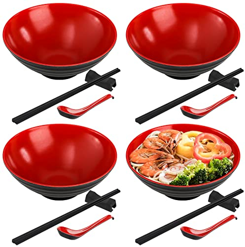 Lyellfe 16 Pieces Ramen Bowl Set, Japanese Style Noodle Soup Bowls, 8 Inch Unbreakable Dinnerware Set with Spoons, Chopsticks and Stands for Udon Soba Pho