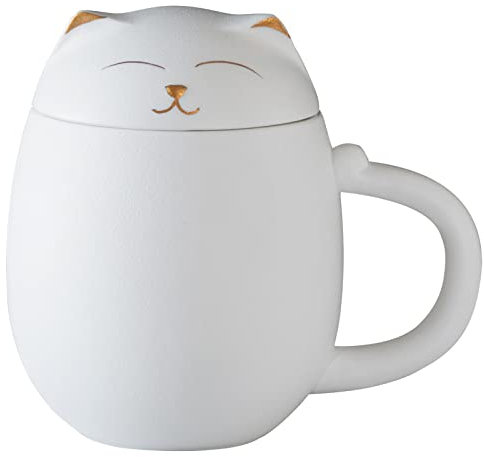 HEER Ceramic Tea Mug with Infuser and Lid, Cute Cat Tea Cup with Filter for Steeping Loose Leaf, Novelty Teacup Birthday Christmas Gifts for Men, Women, Cat Lovers. (White)