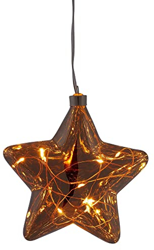 hellum Deko Hänger Stern mit Timer, LED Stern mit 10 bernsteinfarbenen LED, Glasstern zum Hängen für innen rauchgrau, beleuchteter Glasstern batteriebetrieben (2xAAA, nicht inkl.) 15,5x15,5cm 524727