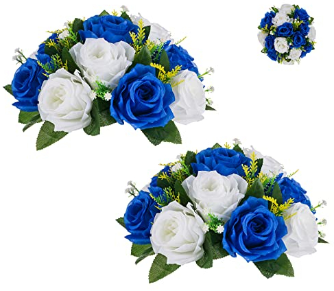 BLOSMON Blumenstrauß Blumengestecke Künstlich Deko Rose 2 Pcs Königsblau & Weiß Künstliche Blumenstrauss Blumen Tischdekoration Blumenkugel Valentinstag Rosenstrauss for Hochzeit Muttertagsgeschenk