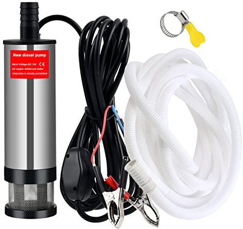12V 51mm Pompa di Trasferimento del Carburante Diesel Olio in Lega di Alluminio, Sommergibile Acqua Pompa con Clip e Rete di Filtro Staccabile Pompa sommersa Pompa Acqua e Olio con fascette per Auto