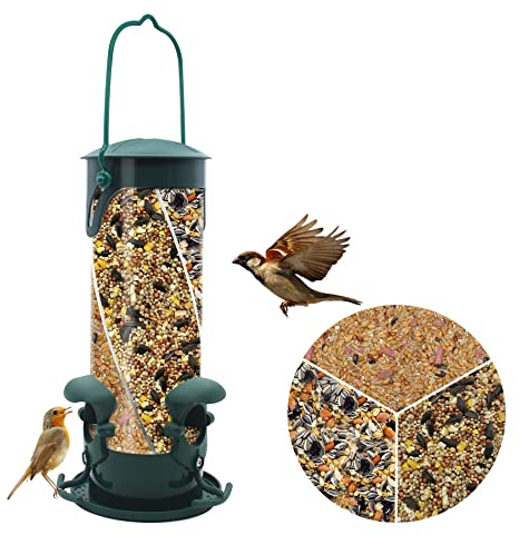 Vogelfutterstation für den Außenbereich, Kunststoffrohr, Vogelfutterstation mit 3 Fächern und Anschlüssen für eine Vielzahl von Samen, wetterfest und wasserdicht, ideal zum Anlocken von Wildvögeln,
