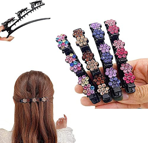 Glitzernde Kristall-Stein Geflochtene Haarspangen, Kolibri Haarspange mit Kristallblume, Klee-Strass-Haarspange, Große Haarspangen für Dickes Haar mit 3 Mini-Haarspangen für Damen Mädchen (D-01)