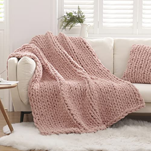 WESHIONGOO Grobstrickdecke, Überwurf, 127 x 152 cm, gestrickte Überwurfdecken für Couch, Bett, flauschig, weiche Decke mit Jumbo-Chenille-Garn, dick, 100 % handgefertigt, Rosa