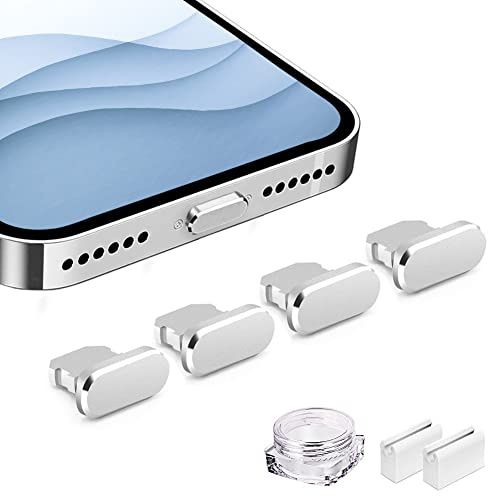 VIWIEU Anti Dust Plug Metal Covers Compatible with iPhone 14 13 12 11 X XS XR 8 7 SE Mini Plus Pro Max iPad AirPods 4 Pack, Lightning Charging Port Charm Dust Protector with Plug Holder (Silver)