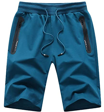 JustSun Sportshorts korta byxor herr bomull med fickor med dragkedja, Påfågelsblå, XL