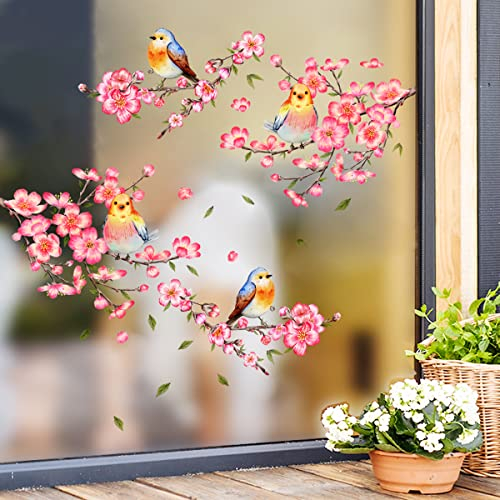 HGDESIGN® Fenster Bild Fensteraufkleber Fenster Sticker Kirschblüte Vögel Hasen Wohnzimmer Schlafzimmer Kinderzimmer Fensterdeko (Variante A)