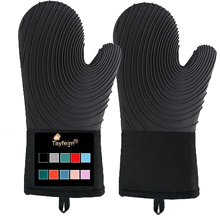 Silicone Oven Mitts-13.6 in Extended Oven Mitts Heat Resistant 500F, Oven Gloves with Soft Liner Good Grippy BPA-Free Easy to Clean Flexible-Oven Mits Set for Cooking Baking Grilling BBQ-Black