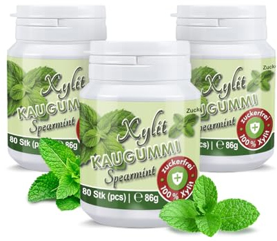 Xylit Kaugummi - Tschüß Karies: 240 zuckerfreie Zahnpflegekaugummi - 100% Xylit, ohne Aspartam, vegan - angenehmer Atem & frischer Mund - Spearmint-Geschmack (3 Dosen)