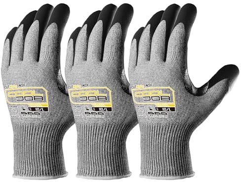 COOLJOB ANSI A5 Cut Resistant Gloves - 3/12 Pairs, Nitrile Rubber Dipped Safety Work Gloves for Men, Knife Proof with Grip Coating for Construction Warehouse Glass Wood Work, Grey Large