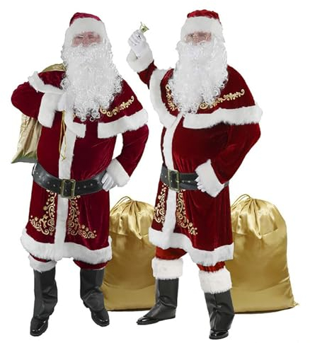 OmurgA Deluxe Weihnachtsmannkostüm Santa Costume Set Christmas Costume Für Erwachsene, Mit Gürtel Umhang Nikolausmütze-Schuhüberzüge-Bart-Handschuhe Und Mehr, Cosplay Weihnachten 11 piece set,XL