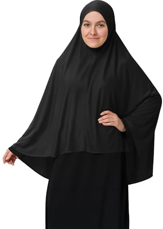Womens Islamic Long Khimar Hijab, Ladies Soft Muslim Ehram Ihram Overhead Pull-On Top Scarf Jilbab Abaya Burqa Prayer Dress For Home, Office, Madrassa, Umrah, Hajj, Ramadan, Eid, Gift, Black