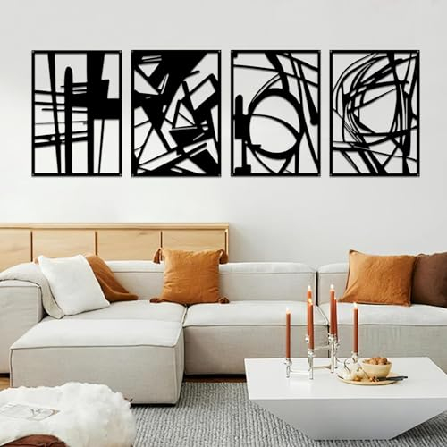 YiYa 4 Stück Wanddeko aus Metall Metall abstrakte Wandkunst Line Wandskulptur Schwarze Wanddekoration Minimalist Line Art für Zuhause Wohnzimmer Schlafzimmer