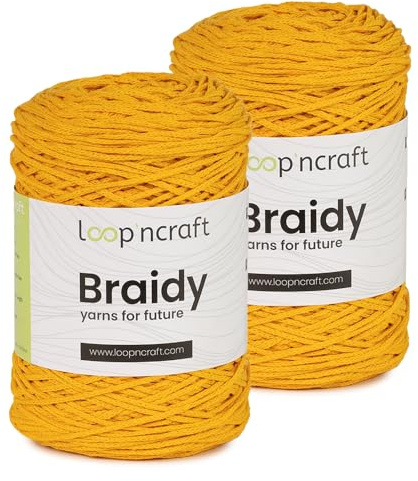 Makramee Garn 2er-Set Gelb, Loopncraft, 2 X 2mm - 250m - 250g, Kettengarn, Braidy Garn, Recycling Garn