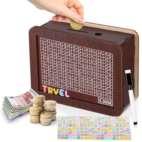Spardose aus Holz, Wiederverwendbare Sparbox mit Zahlen Ankreuzen, Retro Spardose für Scheine Sparziel, Hilft Erwachsenen Die Gewohnheit Zum Sparen(5000€)
