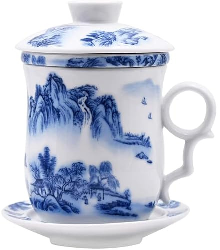 Garneck Chinesische Teetasse aus Porzellan mit Sieb und Deckel | , Blau-Weiße Teetasse mit Landschaftsmotiv, 4-teilig mit Teefilter und Untertasse für Losen Tee und Kräutertee