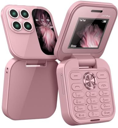 i17 PRO - Mini teléfono móvil plegable, con radio FM, lista negra, vibración, 2 tarjetas SIM, pantalla pequeña, plegable, fácil de usar, regalo para el día del padre o día de la madre