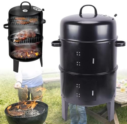 Charcoal BBQ Meat Grill Smoker Box 40 * 84cm Smoked Barbeque Oven Cooking Food Iron 2 Layer Charcoal BBQ Grill Smoker 3-in-1 Barbecue Steel Barrel Black Parties, Dinners and Weddings
