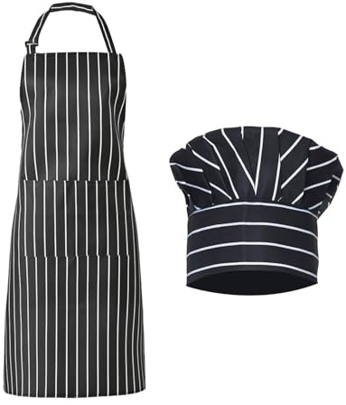 EHDWXVZM Grembiule A Righe Bianche E Nere 1 Pezzo, Cappello Da Chef 1 Pezzo, Grembiule Da Cucina, Tuta Da Cucina Impermeabile E Resistente All'Olio, Grembiule Con Tasche, Set Da Cucina, Caffetteria